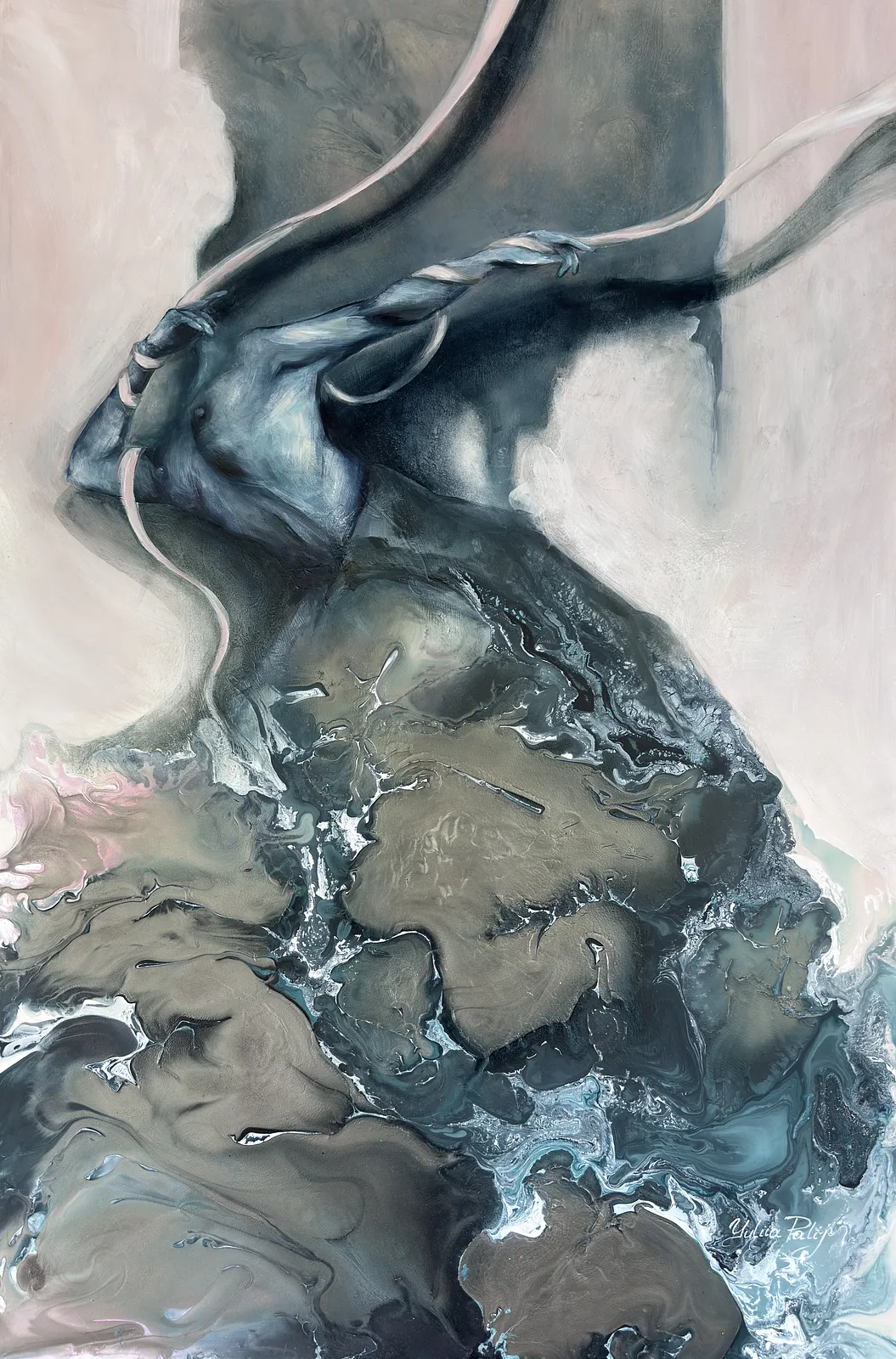 Image of The runaway by Yuliia Poraiko (Palij), size: 36 × 24 in (90x60 cm), made of Oil, acrylic on board, Painting medium, from Rochester, part of the Dedicated to women series, priced at $1400 Photo 2 of 2.