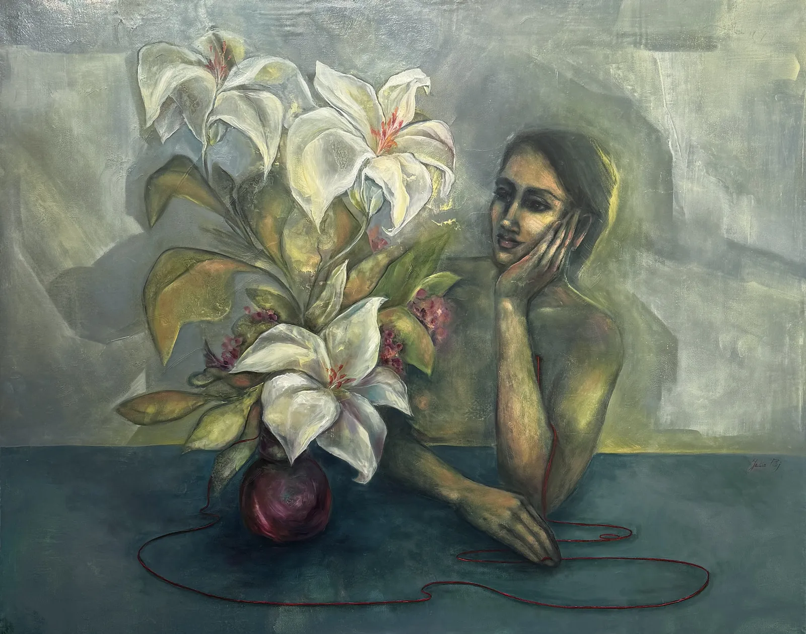 Image of Conversation with lilies by Yuliia Poraiko (Palij), size: 120 x 95 cm, made of Oil, acrylic on canvas, ARTWORKS medium, from Rochester, USA, part of the Genetic Memory series, priced at $1900 Photo 1 of 6.